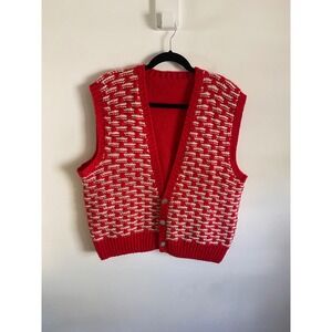 Vintage Handmade Knit Cardigan Vest Red White Basketweave Button Front Mens XL